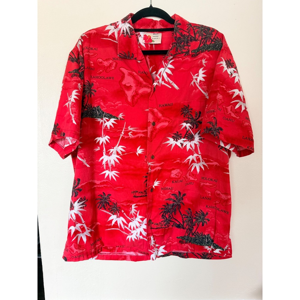 Ali'i Fashions Mens Button Up Shirt Large Red Hawaii Map Palm Trees Aloha Summer